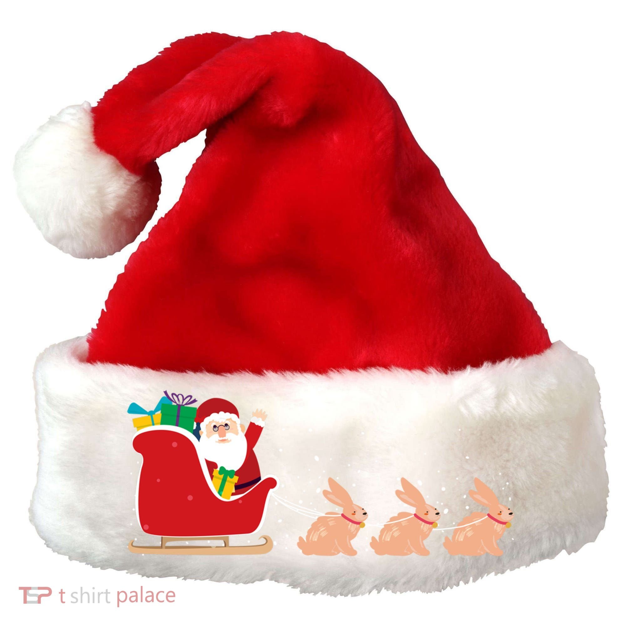 Rabbit Santa Christmas Sleigh Funny Rabbit Xmas Gift Santa Hat