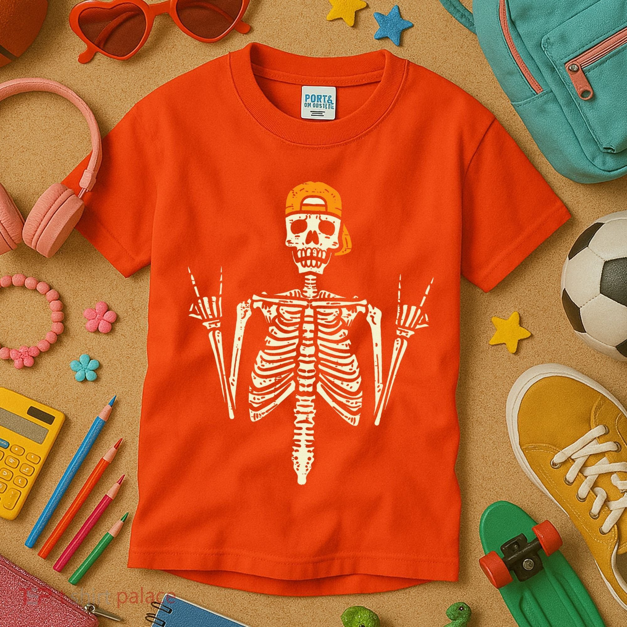 Rocker Skeleton Cap Skater Cool Halloween Punk Rock Kids T-Shirt