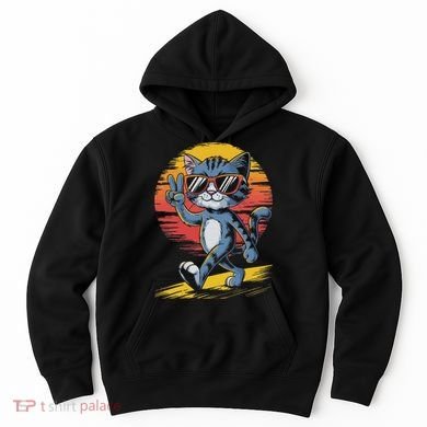 Retro Sunset Cool Cat With Sunglasses Peace Sign Hoodie