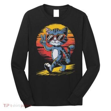 Retro Sunset Cool Cat With Sunglasses Peace Sign Long Sleeve Shirt