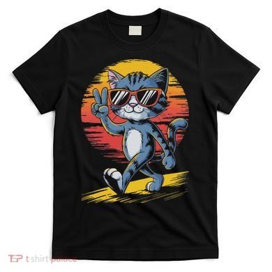 Retro Sunset Cool Cat With Sunglasses Peace Sign T-Shirt