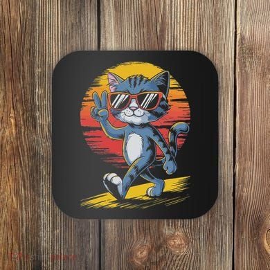 Retro Sunset Cool Cat With Sunglasses Peace Sign Coaster