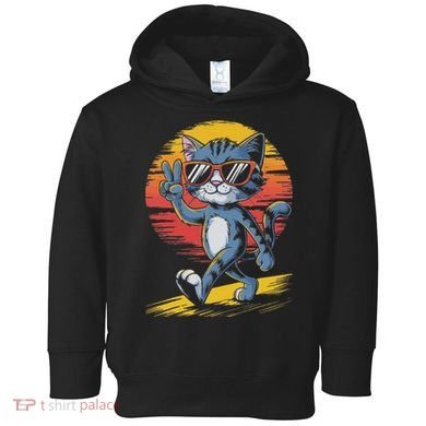 Retro Sunset Cool Cat With Sunglasses Peace Sign Toddler Hoodie