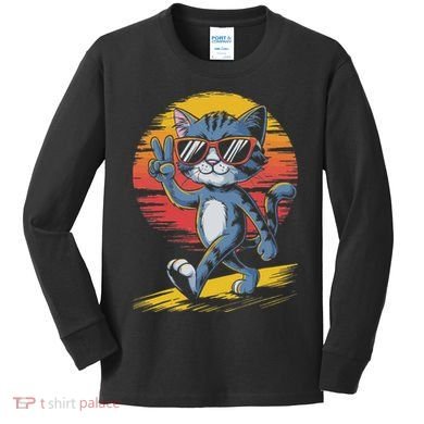Retro Sunset Cool Cat With Sunglasses Peace Sign Kids Long Sleeve Shirt