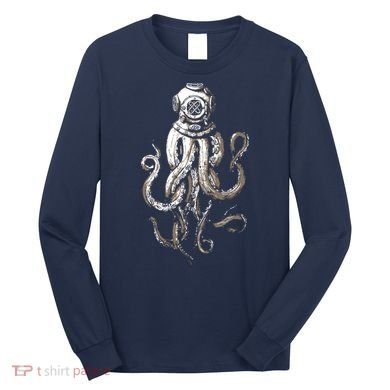 Retro SCUBA Diver Weird Octopus Design, Octopus Helmet Long Sleeve Shirt