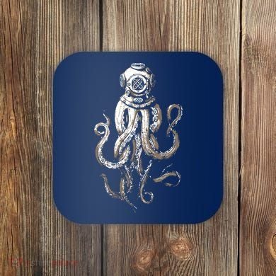 Retro SCUBA Diver Weird Octopus Design, Octopus Helmet Coaster