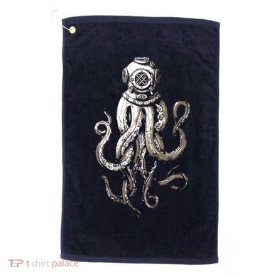 Retro SCUBA Diver Weird Octopus Design, Octopus Helmet Golf Towel