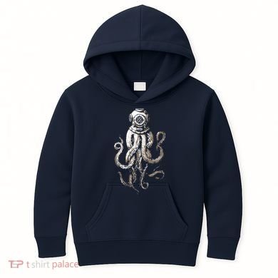 Retro SCUBA Diver Weird Octopus Design, Octopus Helmet Kids Hoodie