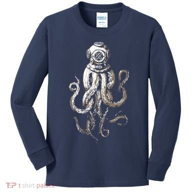 Retro SCUBA Diver Weird Octopus Design, Octopus Helmet Kids Long Sleeve Shirt