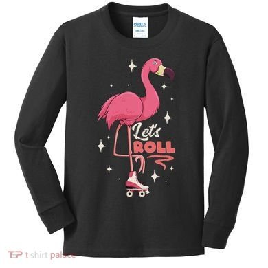 Roller Skating Dance Flamingo LetS Roll Quad Skater Kids Long Sleeve Shirt