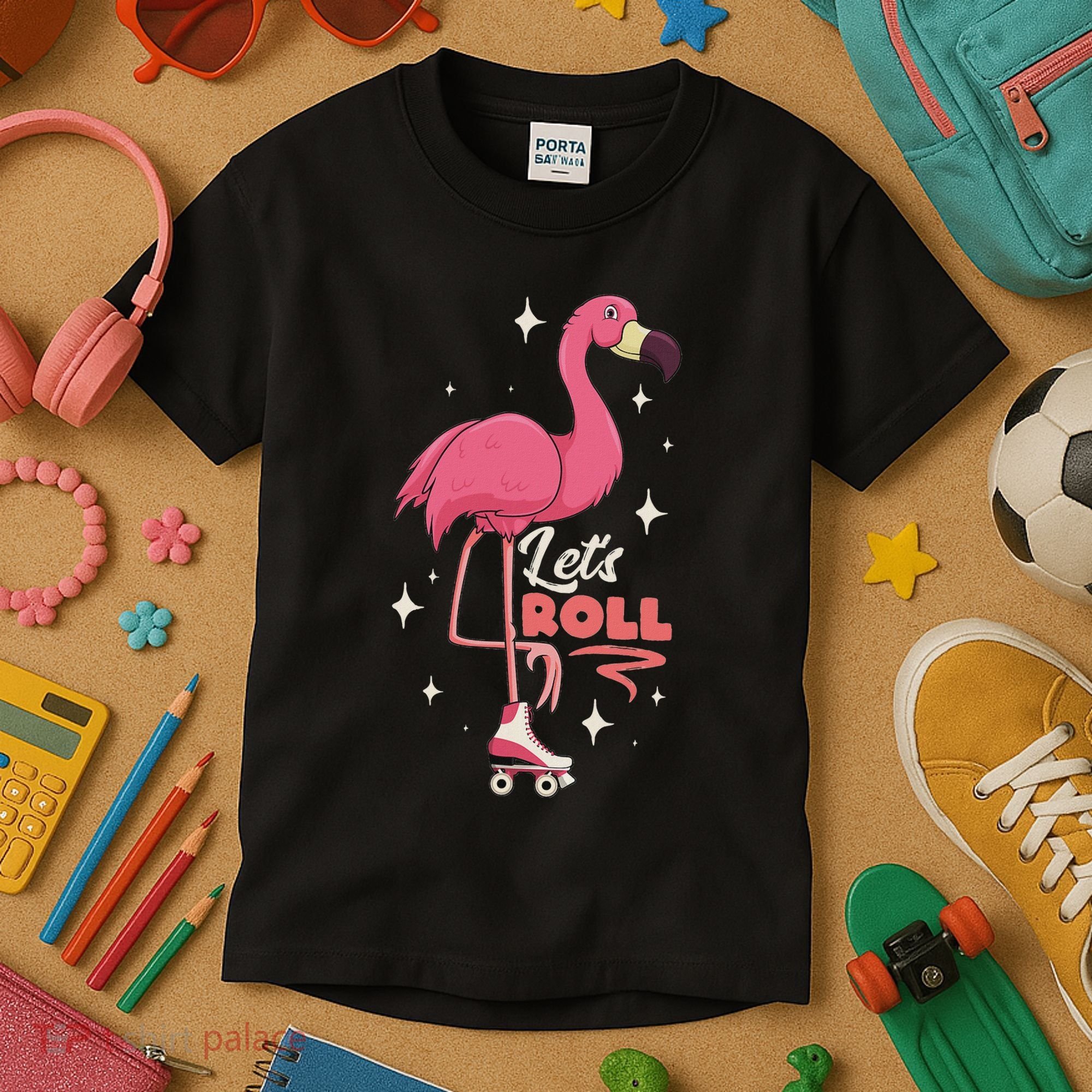 Roller Skating Dance Flamingo LetS Roll Quad Skater Kids T-Shirt