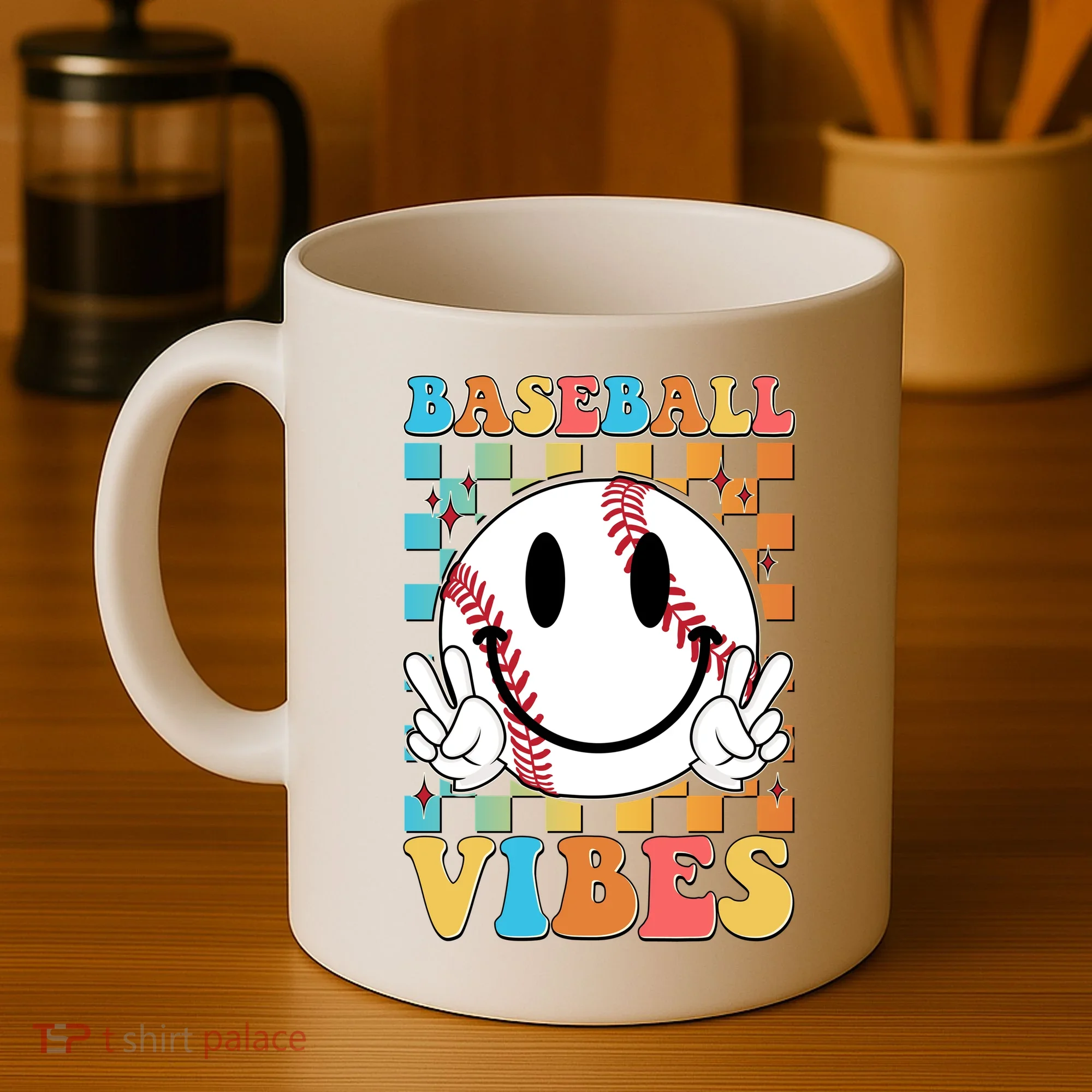Retro Smiley Emoji Baseball Vibes Coffee Mug