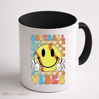 Retro Smiley Emoji Softball Vibes Coffee Mug thumb 1