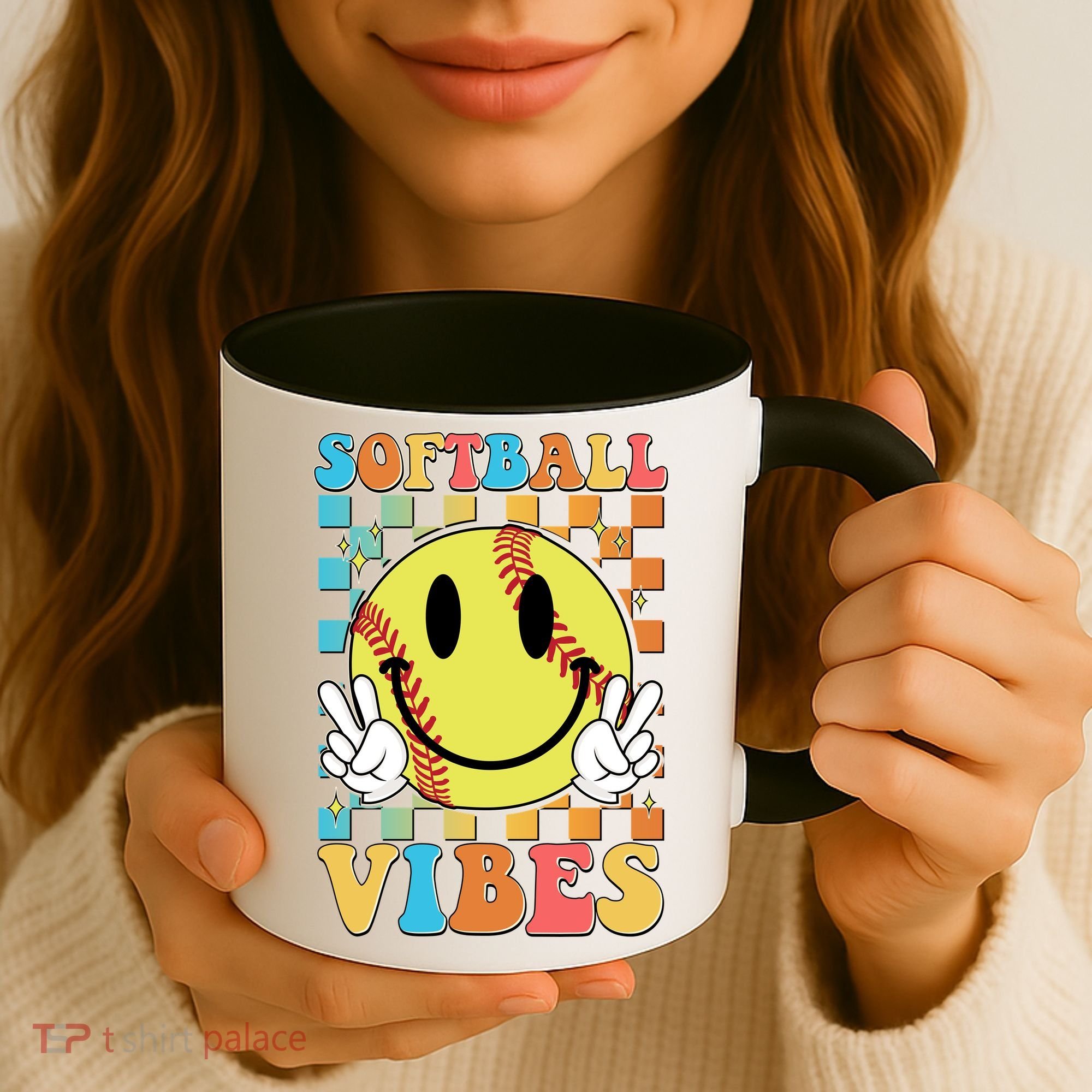 Retro Smiley Emoji Softball Vibes Coffee Mug