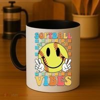 Retro Smiley Emoji Softball Vibes Coffee Mug thumb 4