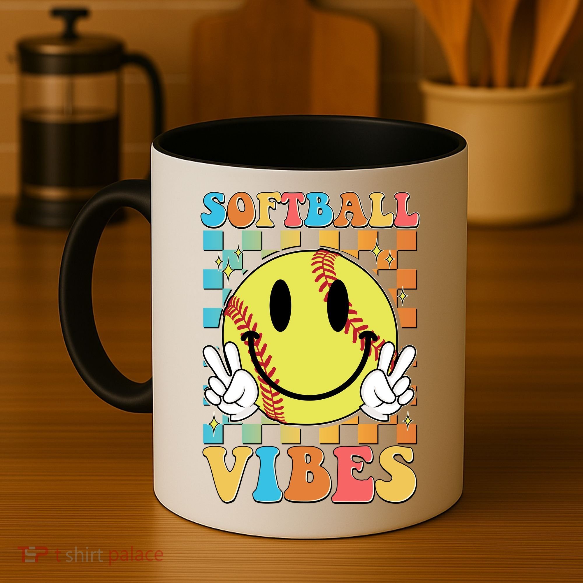 Retro Smiley Emoji Softball Vibes Coffee Mug