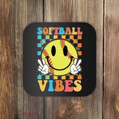 Retro Smiley Emoji Softball Vibes Coaster