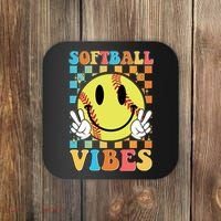 Retro Smiley Emoji Softball Vibes Coaster thumb 0