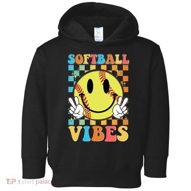 Retro Smiley Emoji Softball Vibes Toddler Hoodie