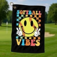 Retro Smiley Emoji Softball Vibes Golf Towel thumb 1