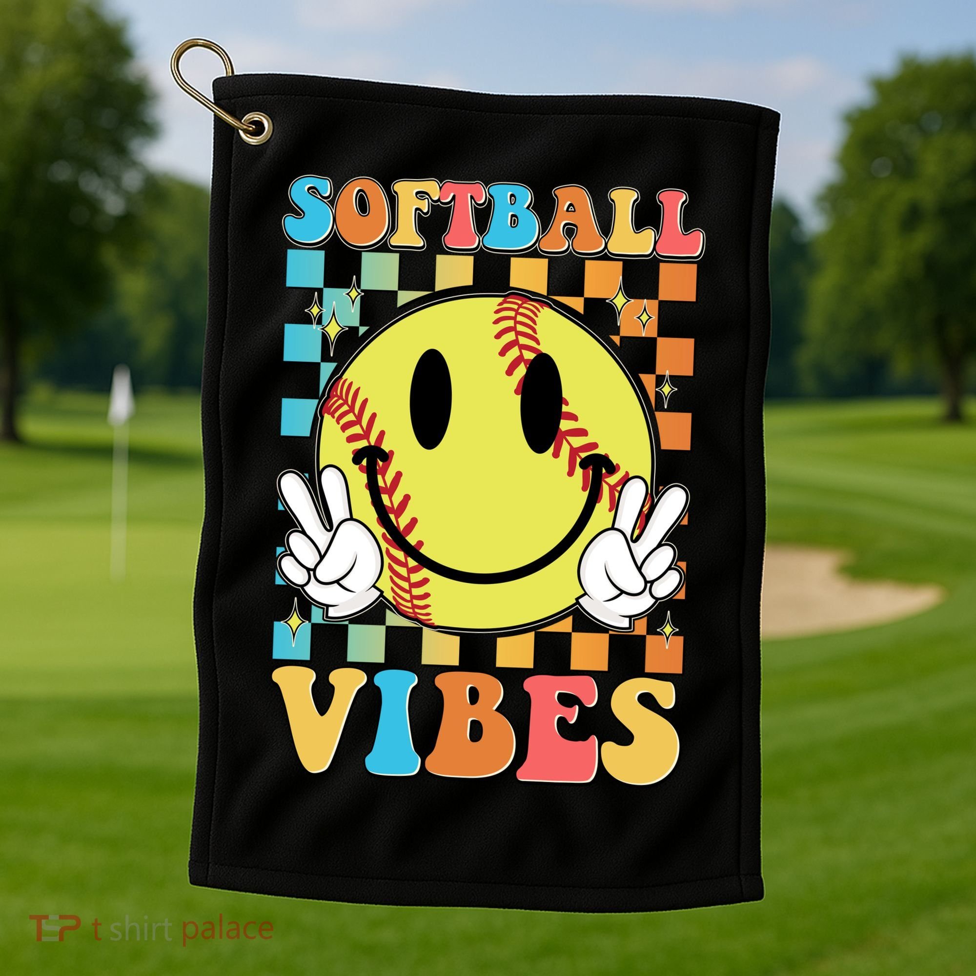 Retro Smiley Emoji Softball Vibes Golf Towel