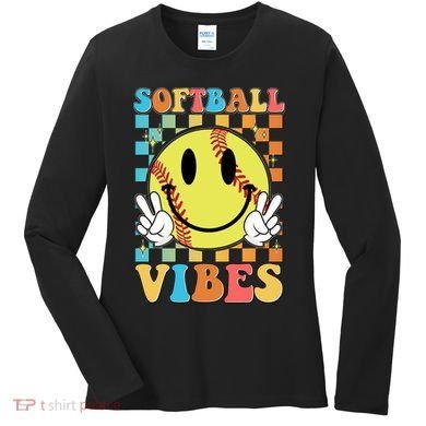 Retro Smiley Emoji Softball Vibes Women's Long Sleeve Shirt