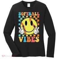 Retro Smiley Emoji Softball Vibes Women's Long Sleeve Shirt thumb 0