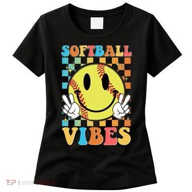 Retro Smiley Emoji Softball Vibes Women's T-Shirt