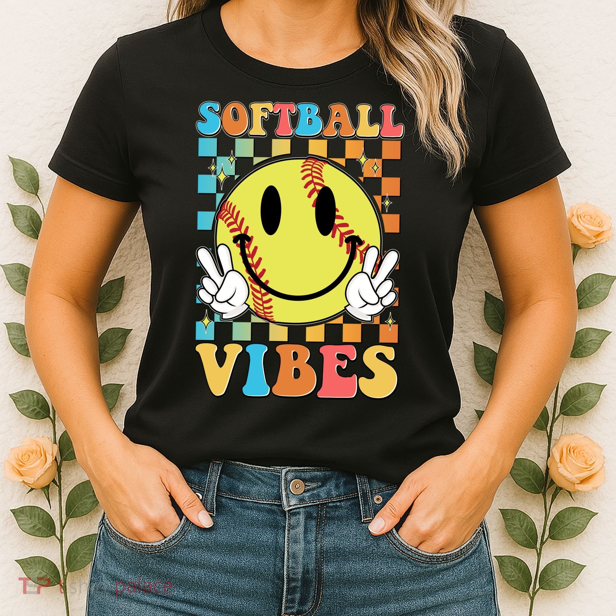 Retro Smiley Emoji Softball Vibes Women's T-Shirt