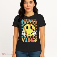 Retro Smiley Emoji Softball Vibes Women's T-Shirt thumb 4