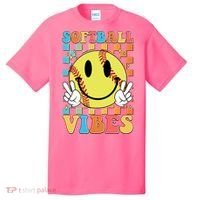 Retro Smiley Emoji Softball Vibes T-Shirt thumb 0