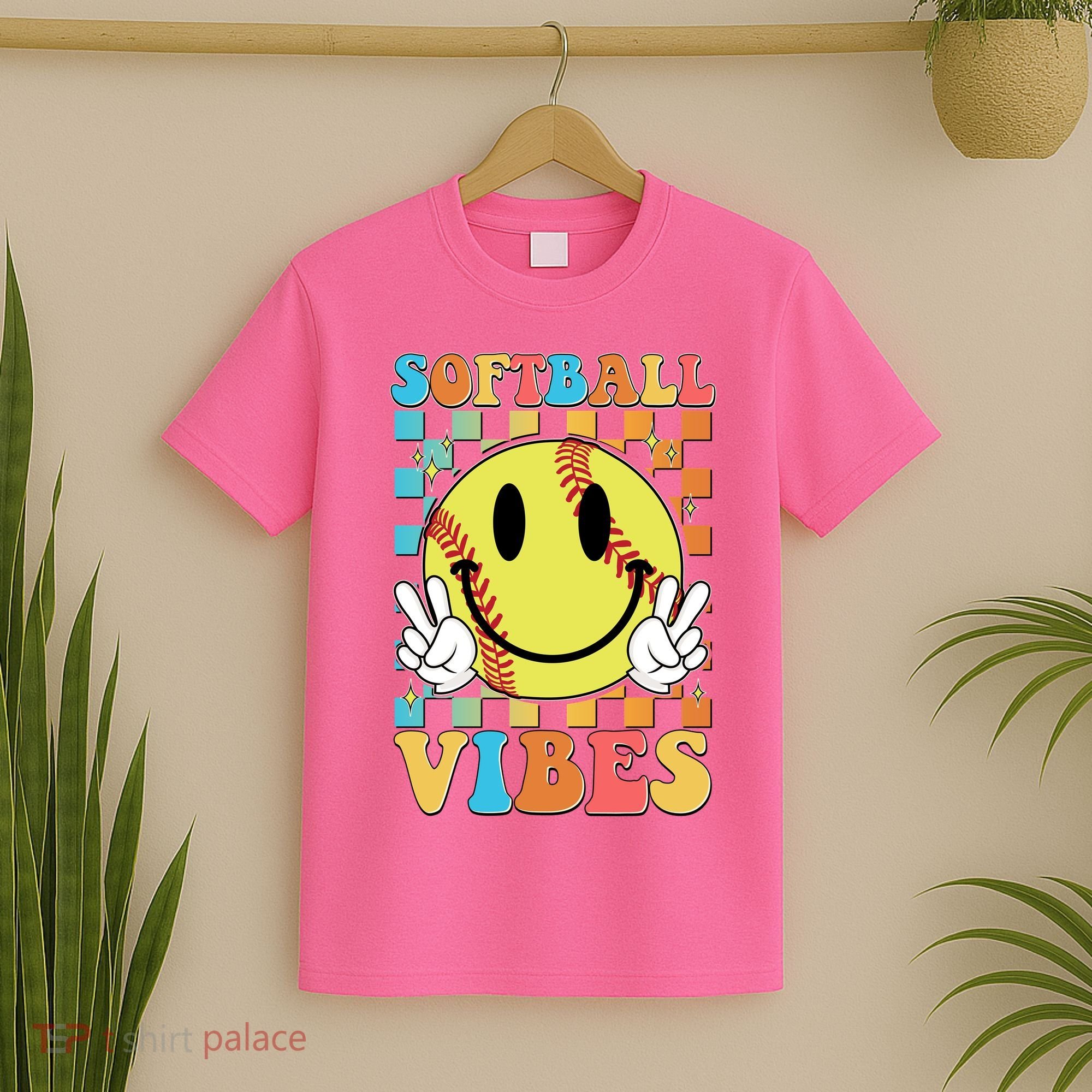 Retro Smiley Emoji Softball Vibes T-Shirt