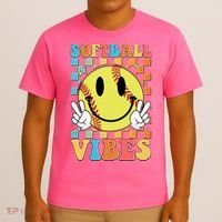 Retro Smiley Emoji Softball Vibes T-Shirt thumb 3