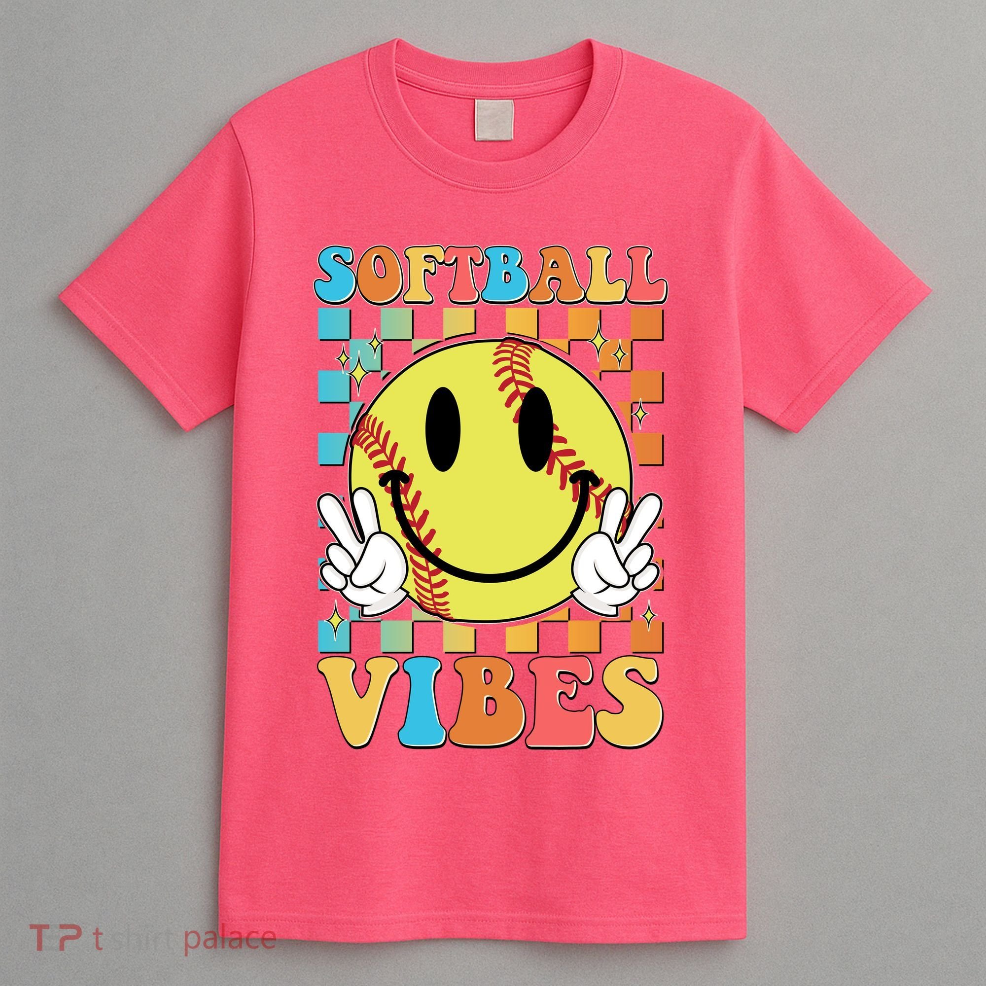 Retro Smiley Emoji Softball Vibes T-Shirt