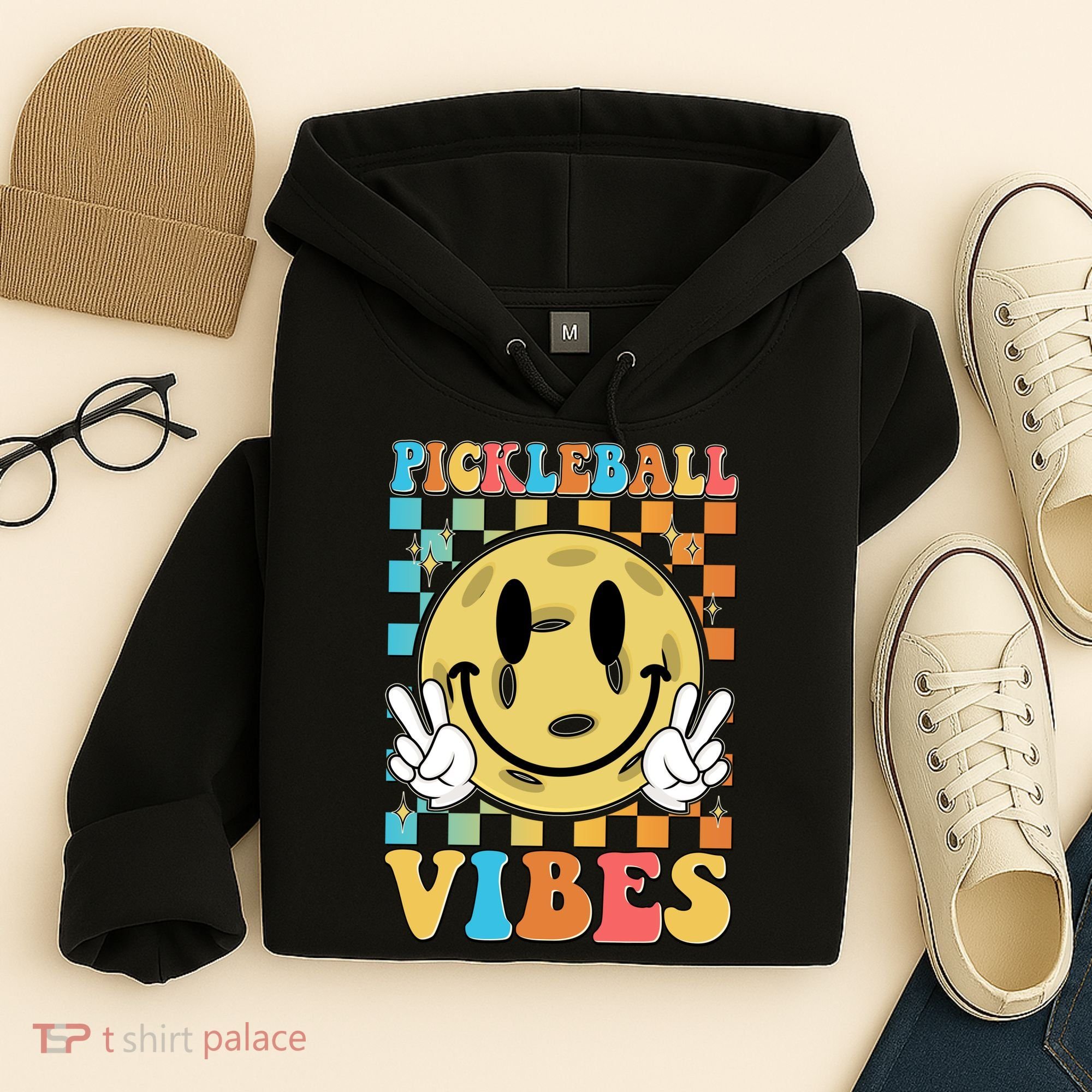 Retro Smiley Emoji Pickleball Vibes Hoodie