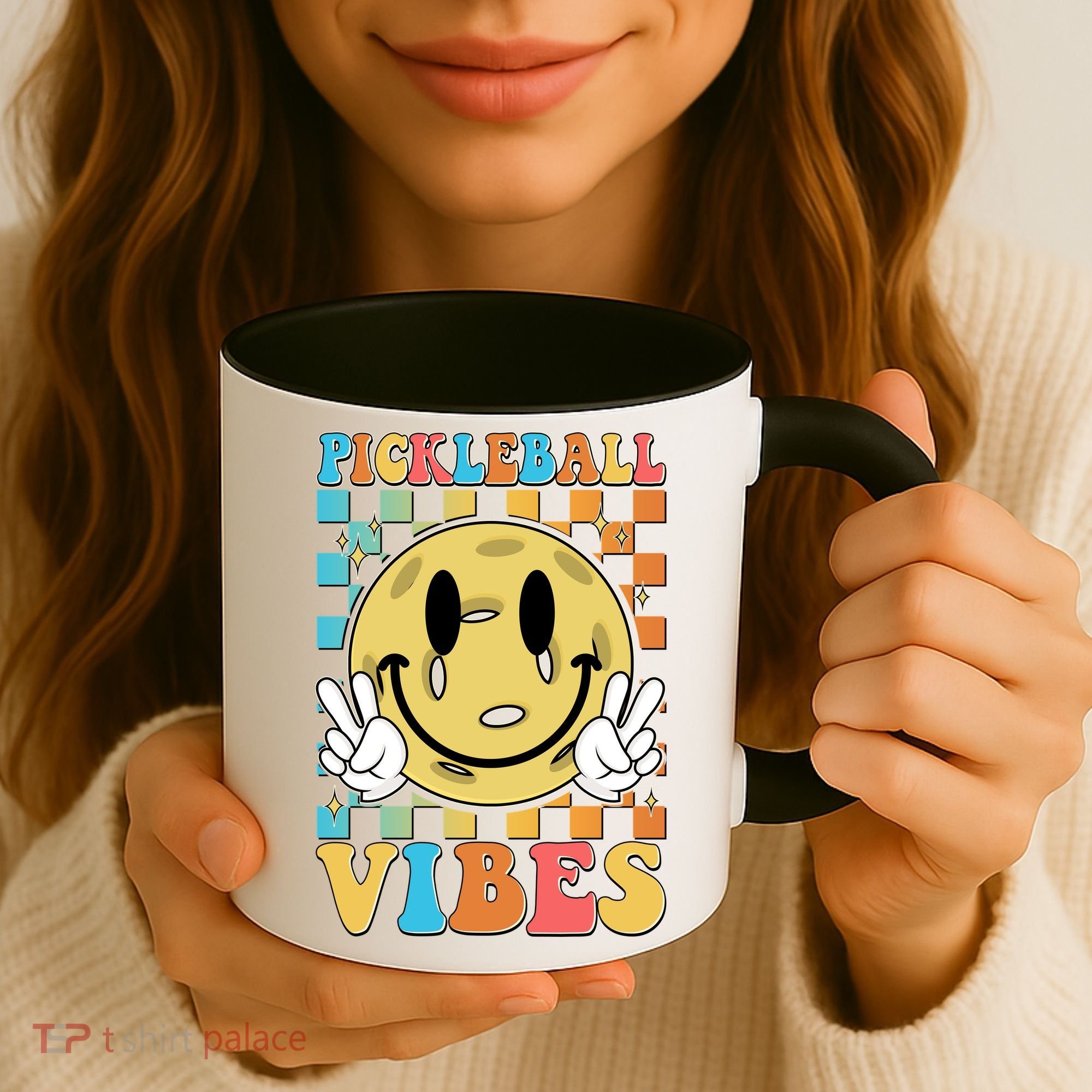 Retro Smiley Emoji Pickleball Vibes Coffee Mug