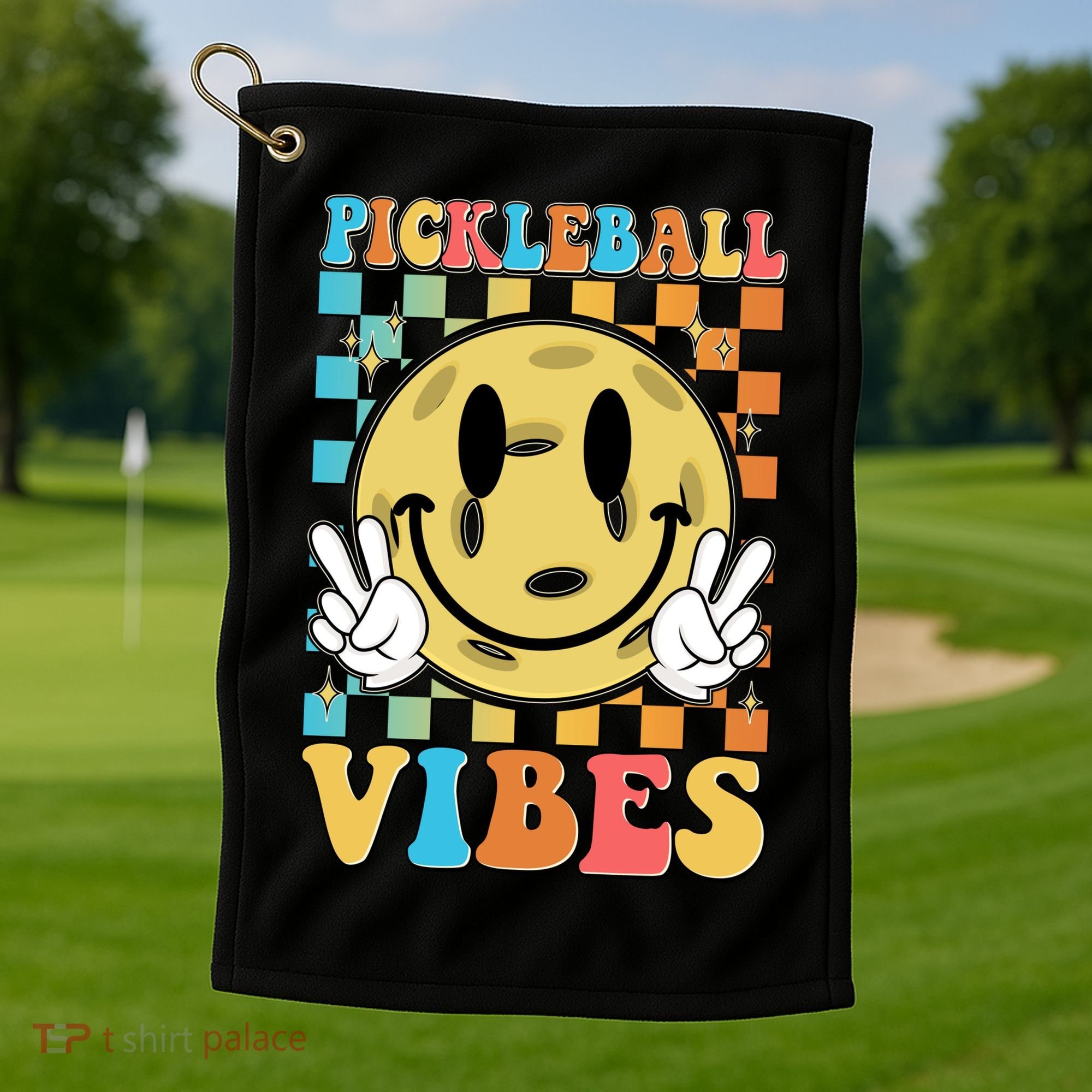 Retro Smiley Emoji Pickleball Vibes Golf Towel