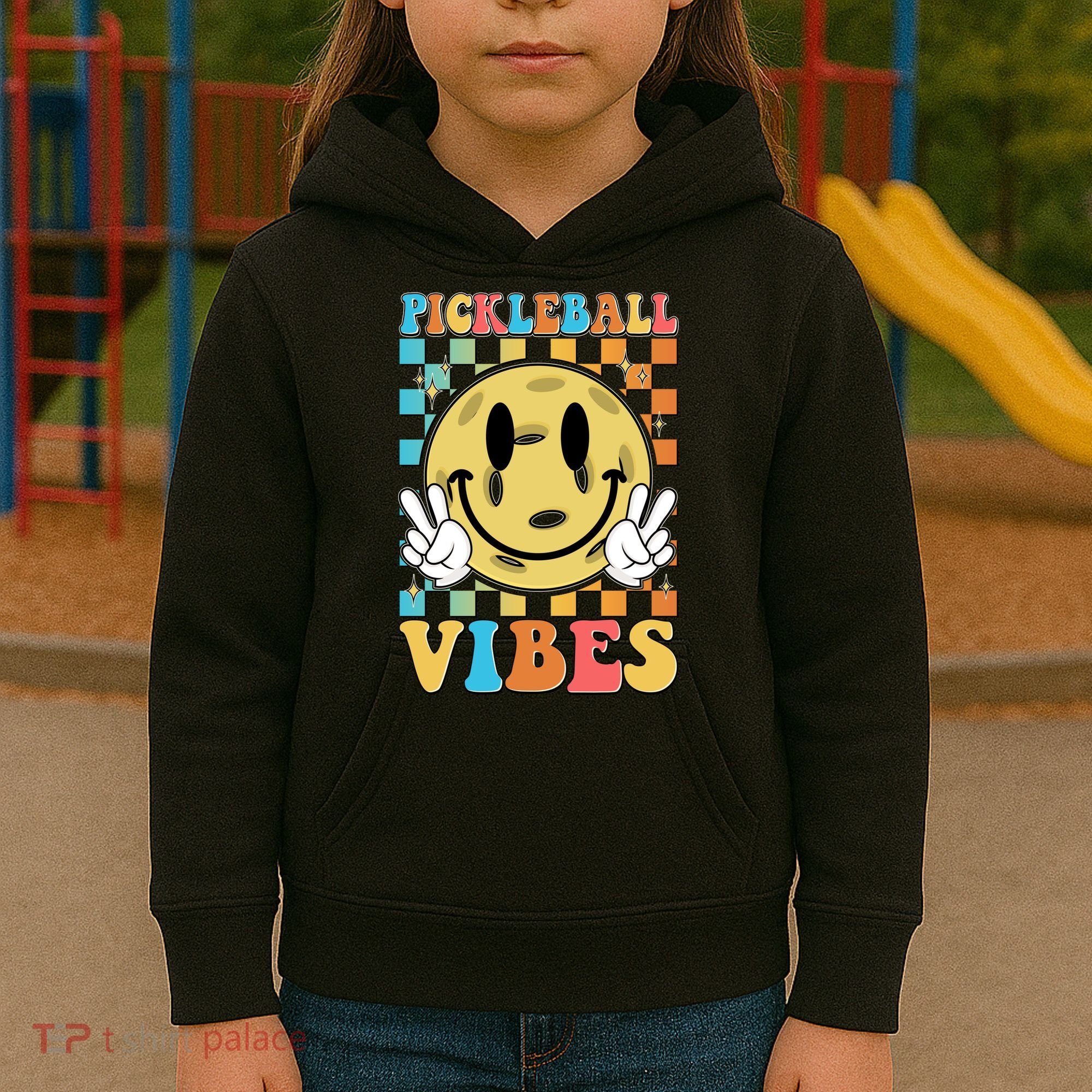 Retro Smiley Emoji Pickleball Vibes Kids Hoodie