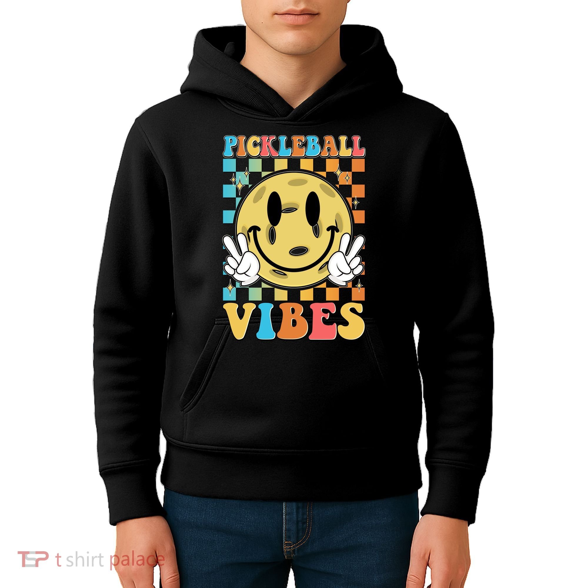 Retro Smiley Emoji Pickleball Vibes Kids Hoodie