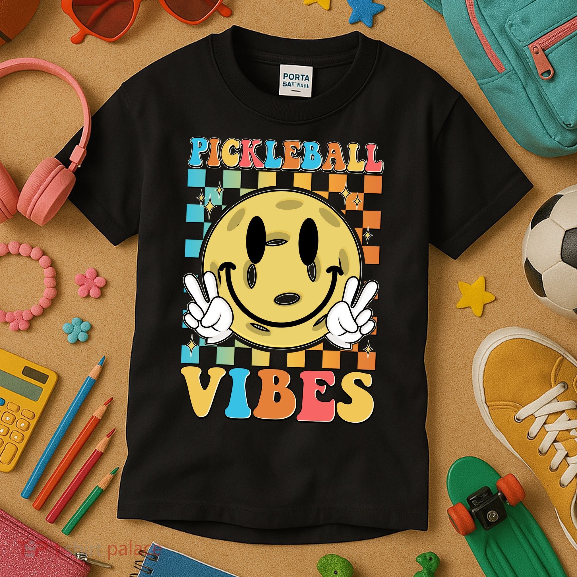 Retro Smiley Emoji Pickleball Vibes Kids T-Shirt