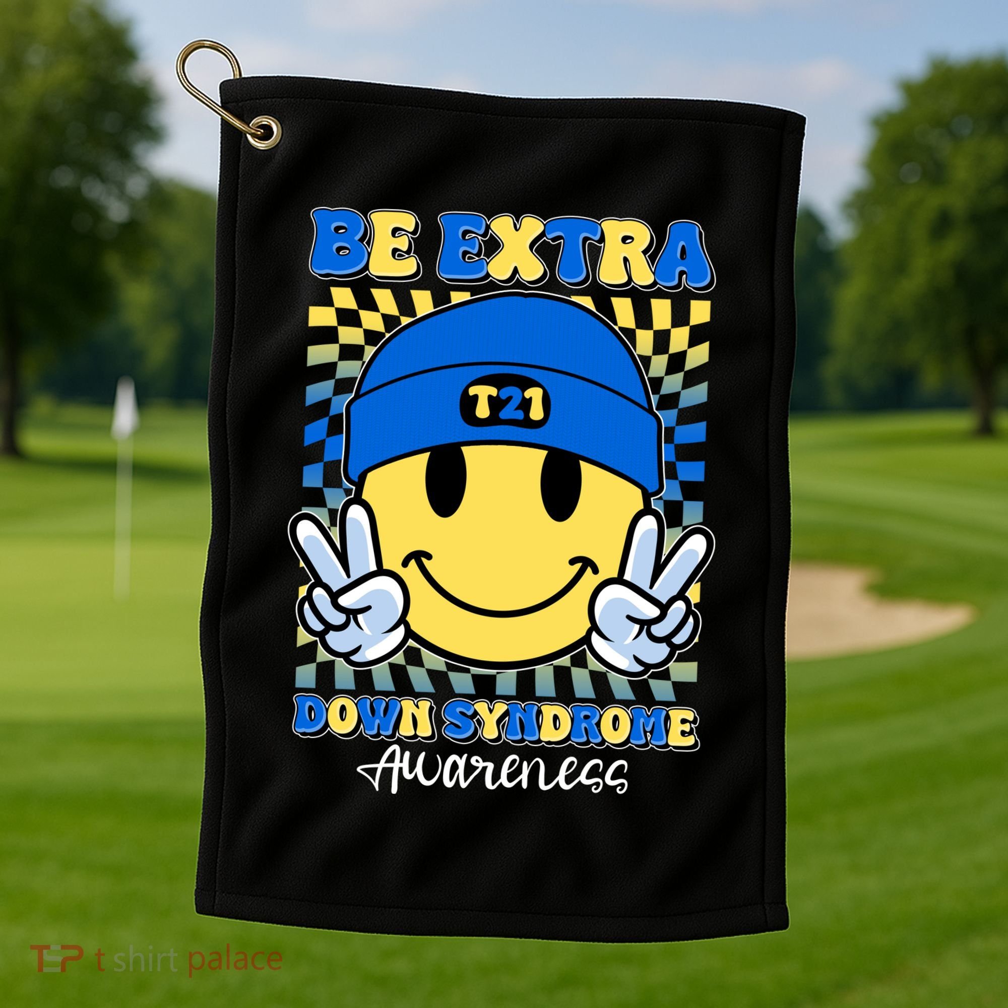 Retro Smiley Emoji Be Extra Down Syndrome Awareness Golf Towel