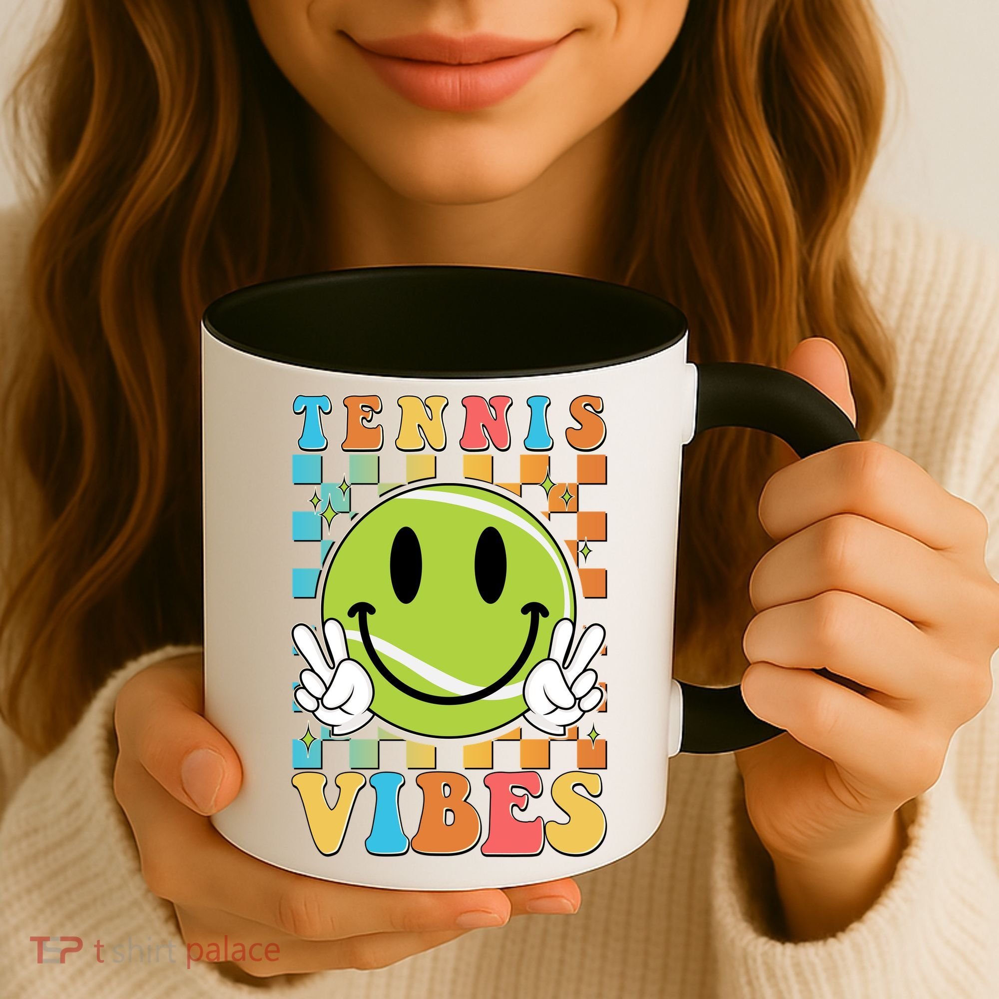 Retro Smiley Emoji Tennis Vibes Coffee Mug