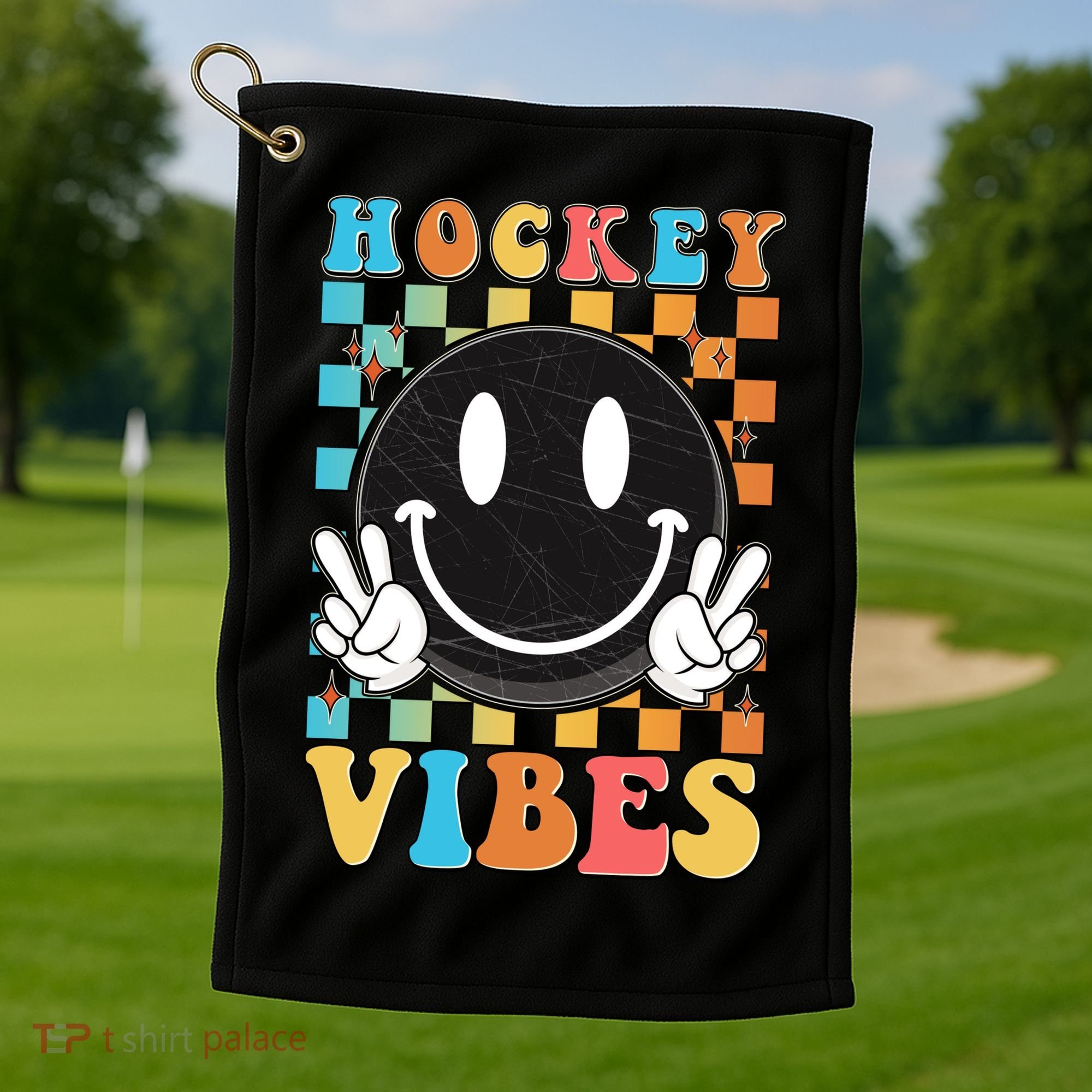 Retro Smiley Emoji Hockey Vibes Golf Towel