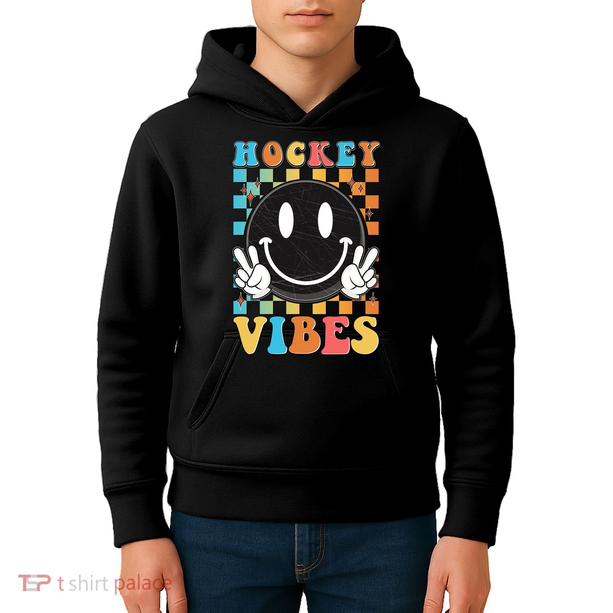 Retro Smiley Emoji Hockey Vibes Kids Hoodie