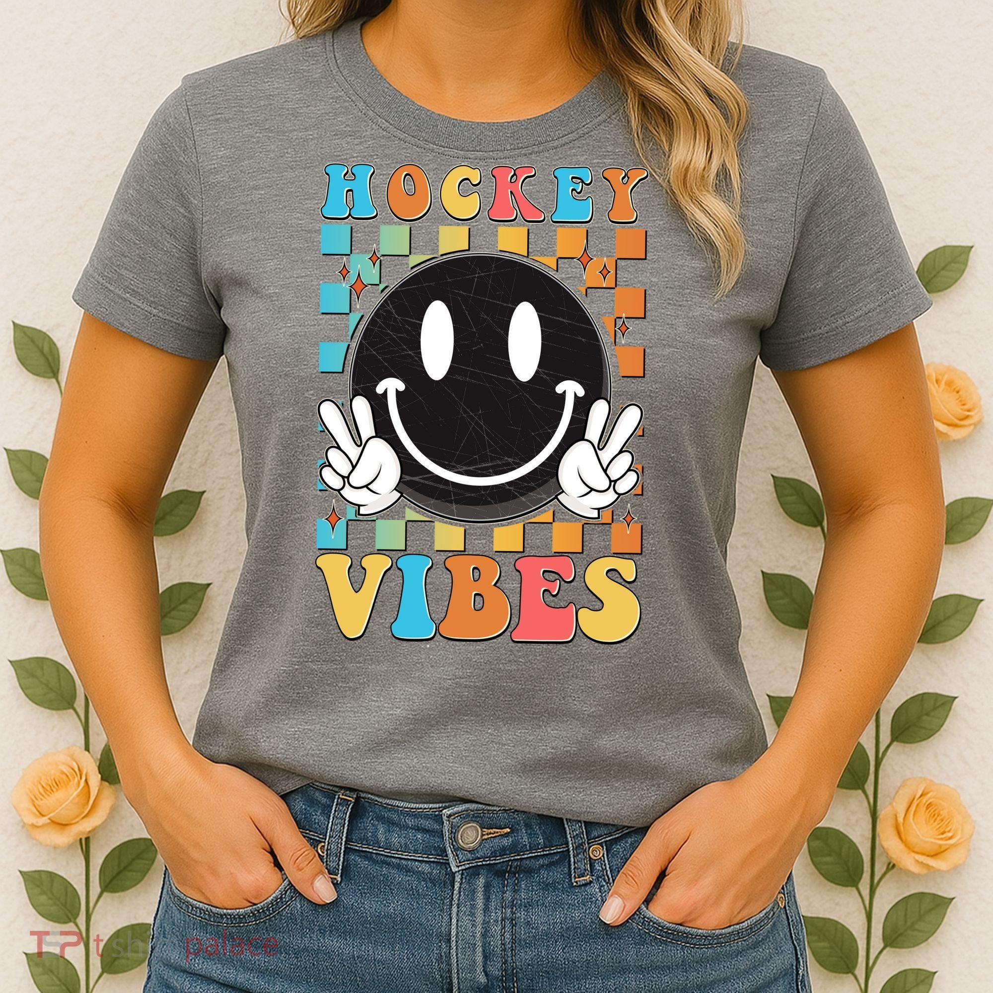 Retro Smiley Emoji Hockey Vibes Women's T-Shirt