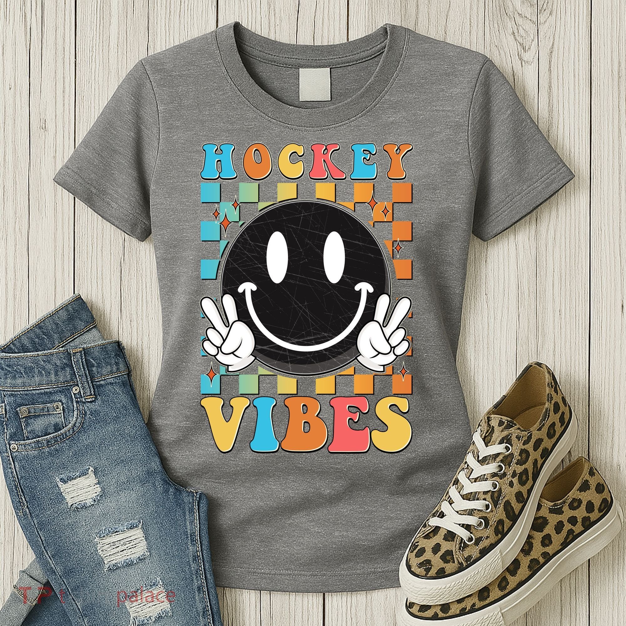 Retro Smiley Emoji Hockey Vibes Women's T-Shirt