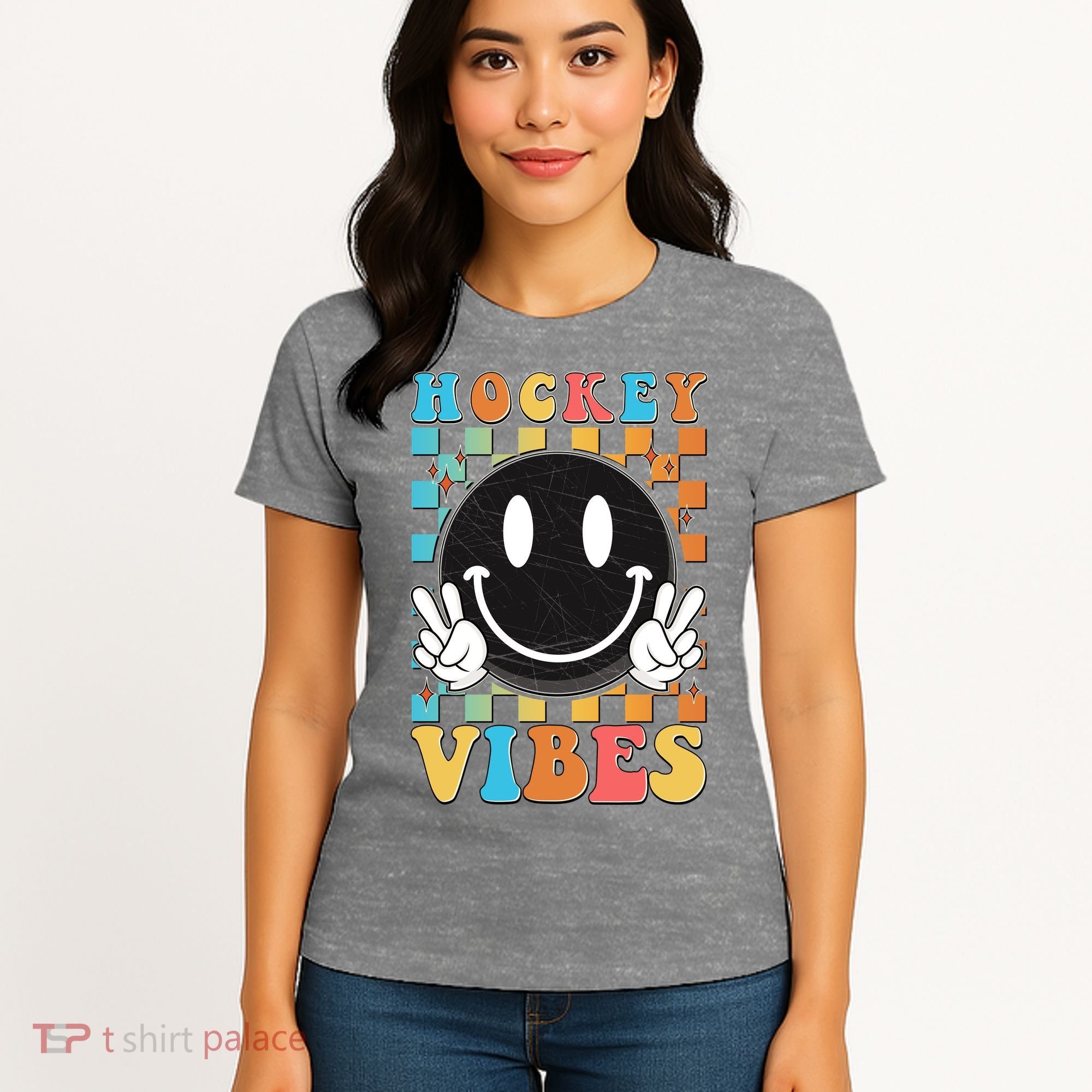 Retro Smiley Emoji Hockey Vibes Women's T-Shirt