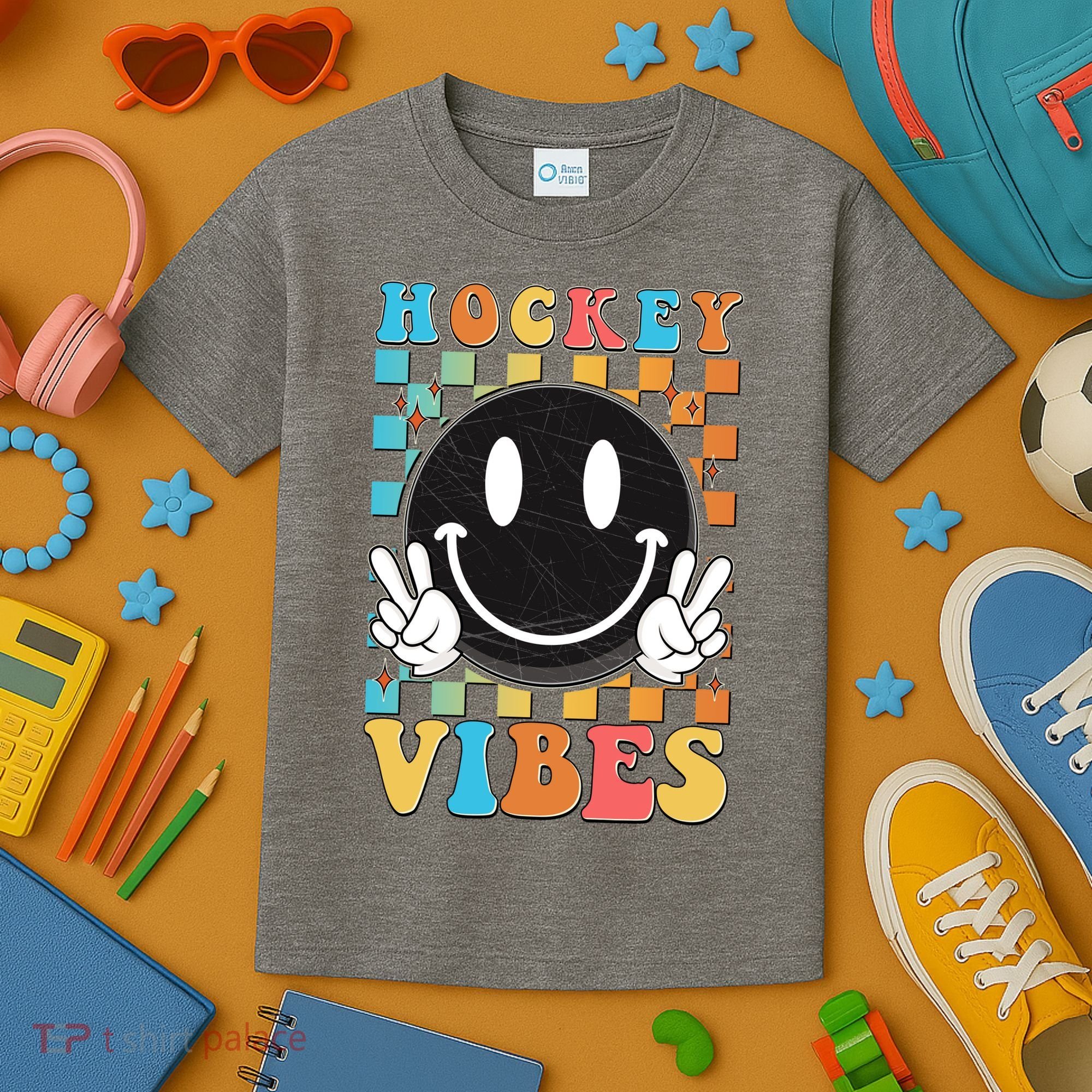 Retro Smiley Emoji Hockey Vibes Kids T-Shirt