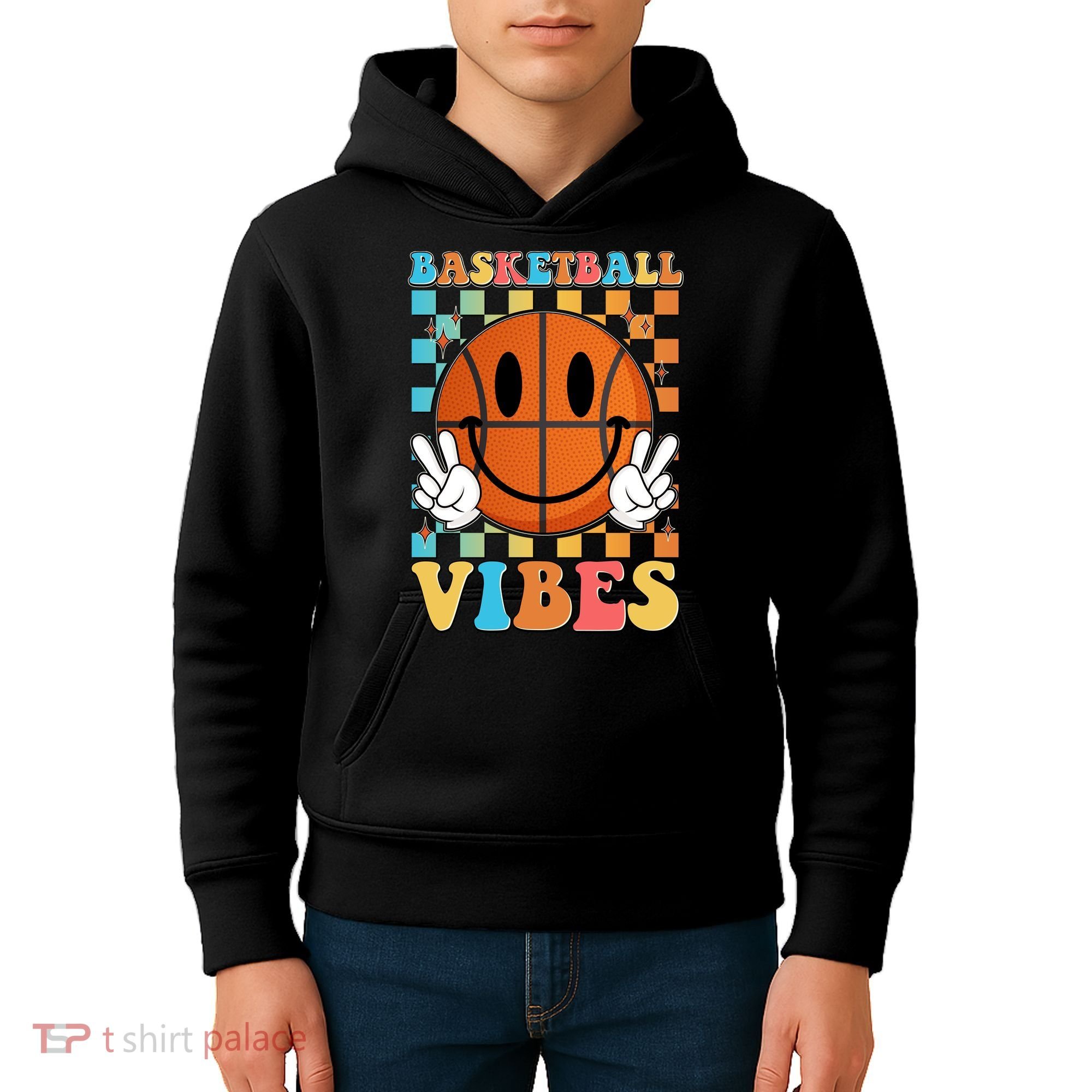 Retro Smiley Emoji Basketball Vibes Kids Hoodie