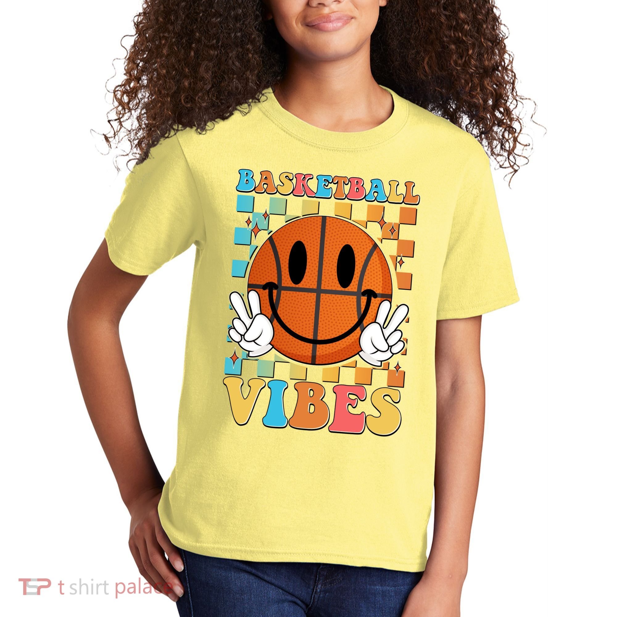 Retro Smiley Emoji Basketball Vibes Kids T-Shirt